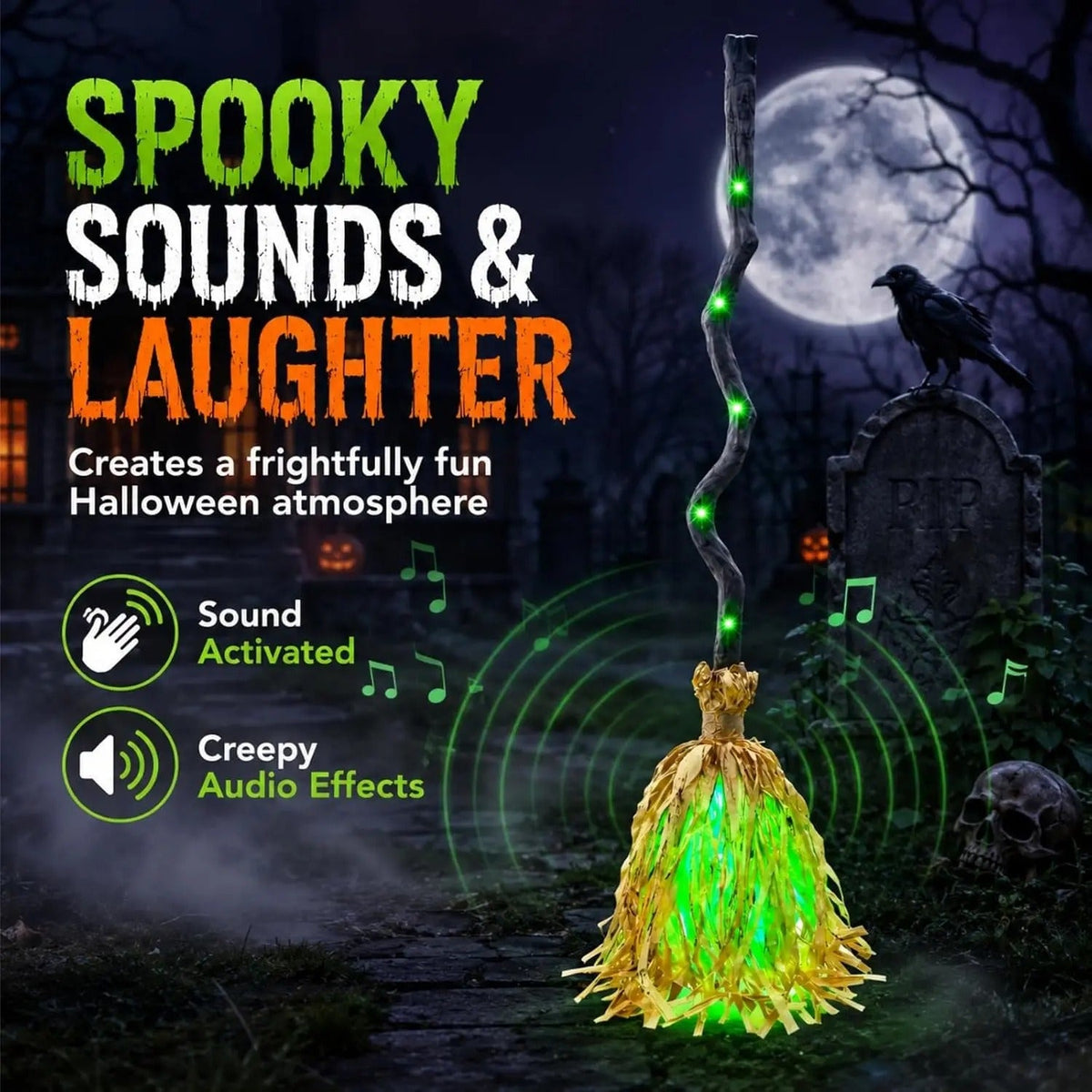 Escoba de Bruja con Movimiento, Luz y Sonido - Halloween